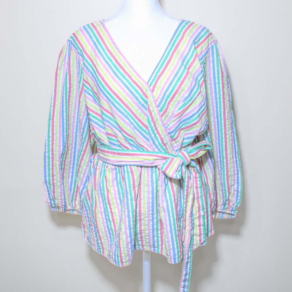 Women's St. John's Bay Seersucker Faux Wrap Top Pastel Multi Stripe V-Neck 0X